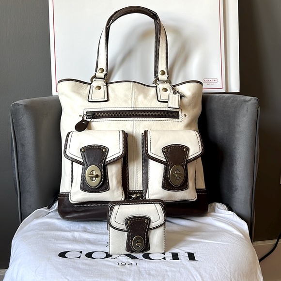 Coach Gigi Legacy Parchment-Dk Brown Spectator Vachetta Leather Tote+Wallet SET - Picture 1 of 14